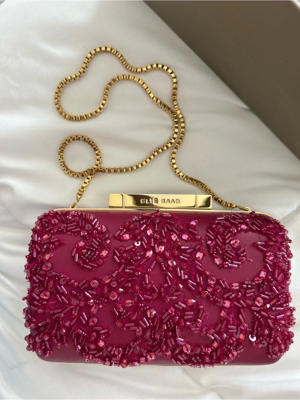 Elie Saab Pink Beaded Satin Minaudière with Gold Chain